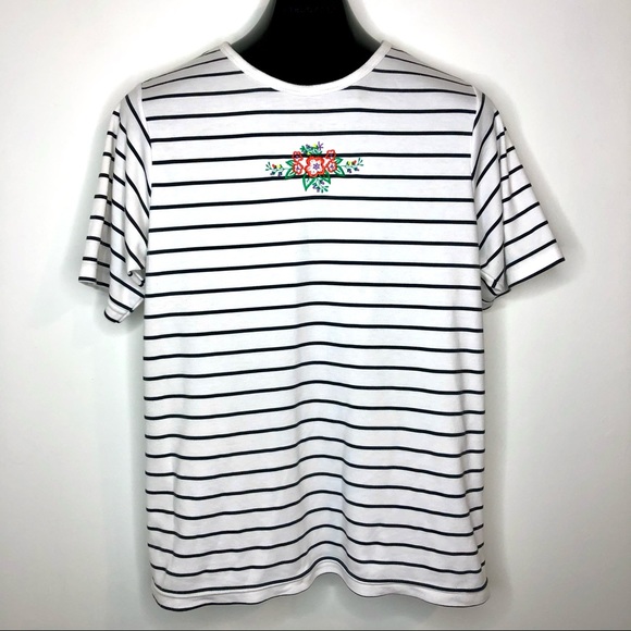 VINTAGE 90s Retro White Black Horizontal Striped T-shirt Top Minimalist Floral - Picture 2 of 7